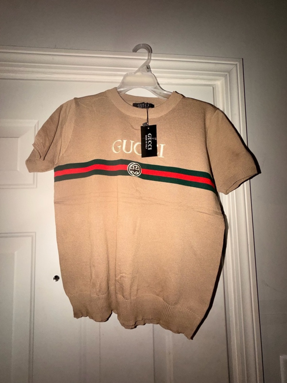 Inspired Gucci Beige Crewneck Sweater with Green-Red Web Stripe